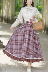 Jupe Lolita Princesse Élégante Vintage à Volants Imprimé Carreaux Multicolores